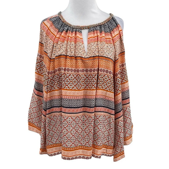 Ramy Brook Blouse Womens Size Small Orange Blue Cold Shoulder Aztec‎ Chain Neck - Picture 1 of 13